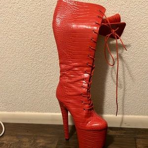 Red Crocodile-Embossed Platform Boots